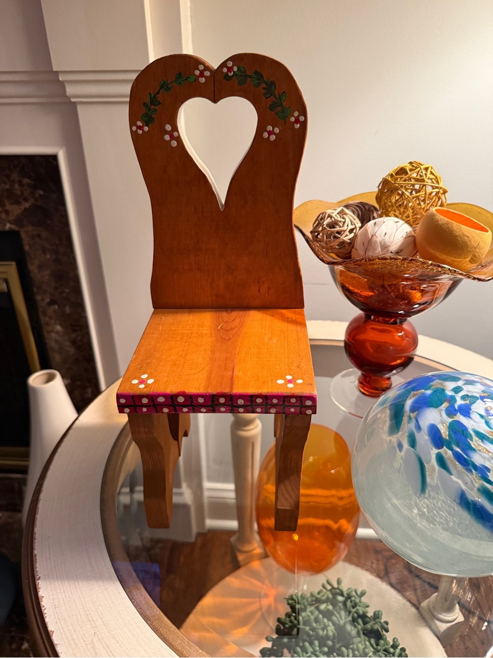 Handmade Wooden Accent Doll Chair with Heart Cutouts and Painted Vintage